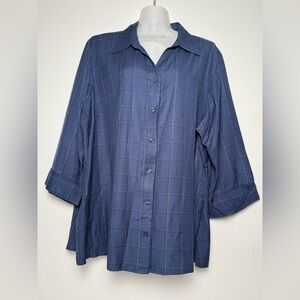 Krazy Kat Window Pane Plaid Button Down 3/4 sleeve shirt Women Plus size 2X Blue